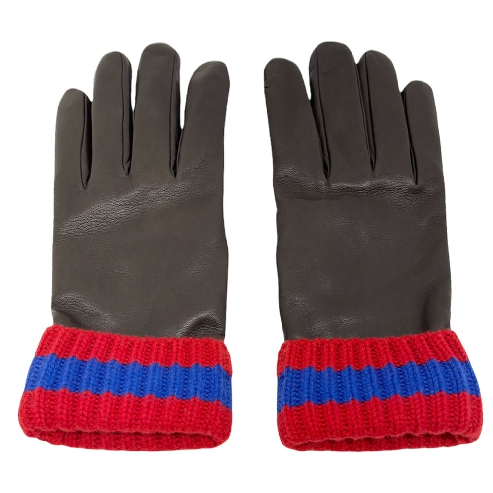 Gucci New Dark Brown Leather Web Signature Lambskin Cashmere Men’s Gloves - Picture 2 of 10